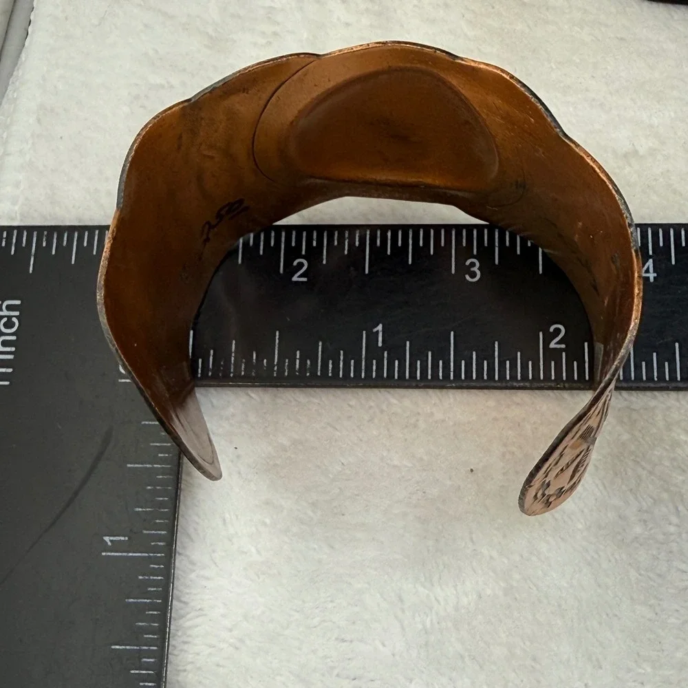 Vintage Solid Copper Cuff Bracelet Thunderbird Stamped Scalloped 7in READ